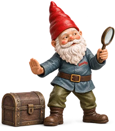 A gnome examining a chest with a magnifying glass