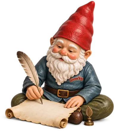 A gnome signing a scroll with a quill